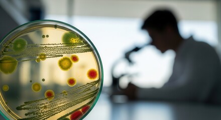 Close-up of a petri dish with bacterial colonies in laboratory research setting depicting