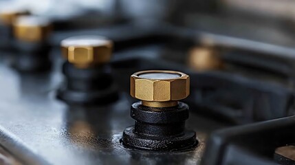 Brass burner control knobs of a gas stove Close up Modern design.