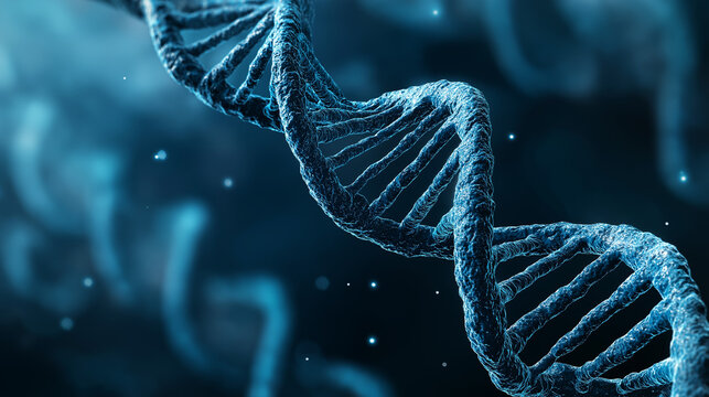 
Blue DNA helix glowing against a futuristic science background, with molecular particles, soft light waves, and a high-tech laboratory feel.