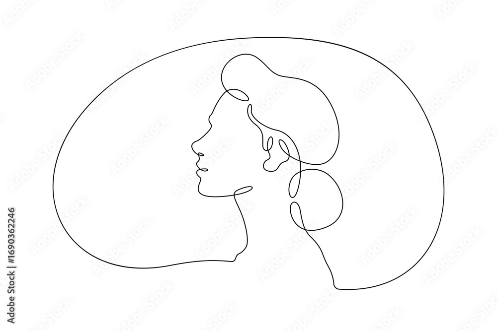 Poster continuous one line drawing female profile. portrait of a woman. ink line. line art.one continuous l