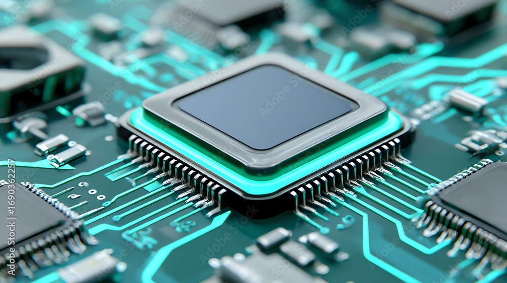 Poster a detailed close-up showcases a central processing unit integrated onto a complex circuit board, ill