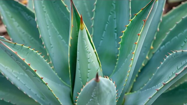 Closeup of a vibrant succulent plant displaying robust bluegreen leaves with sharp reddishbrown thorns along their edges and distinct pointed tips arranged in a rosette