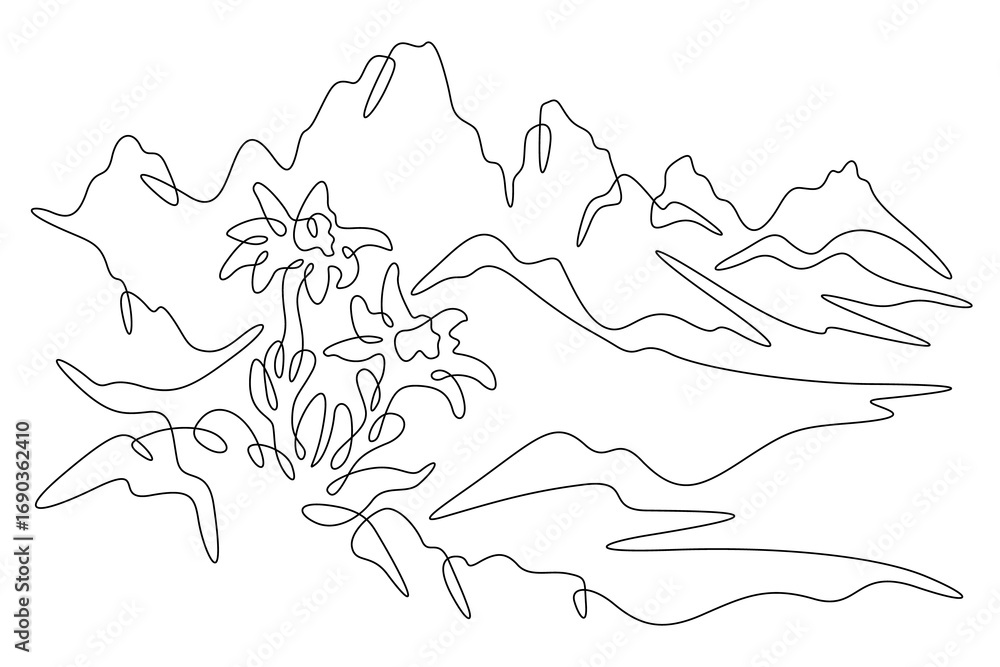 Poster continuous one line drawing alpine flowers. mountain flowers. mountain landscape. one continuous lin