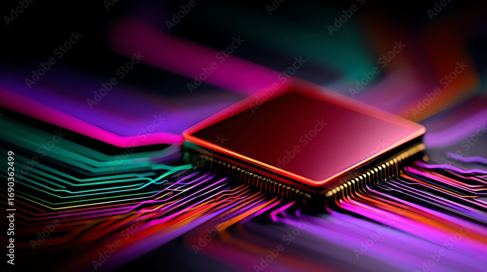 Poster a vibrant, abstract depiction of a microchip showcases the intricate pathways of modern technology, 
