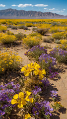 Obraz premium Stunning desert wildflower bloom under blue sky, vibrant yellow and purple flowers in bloom