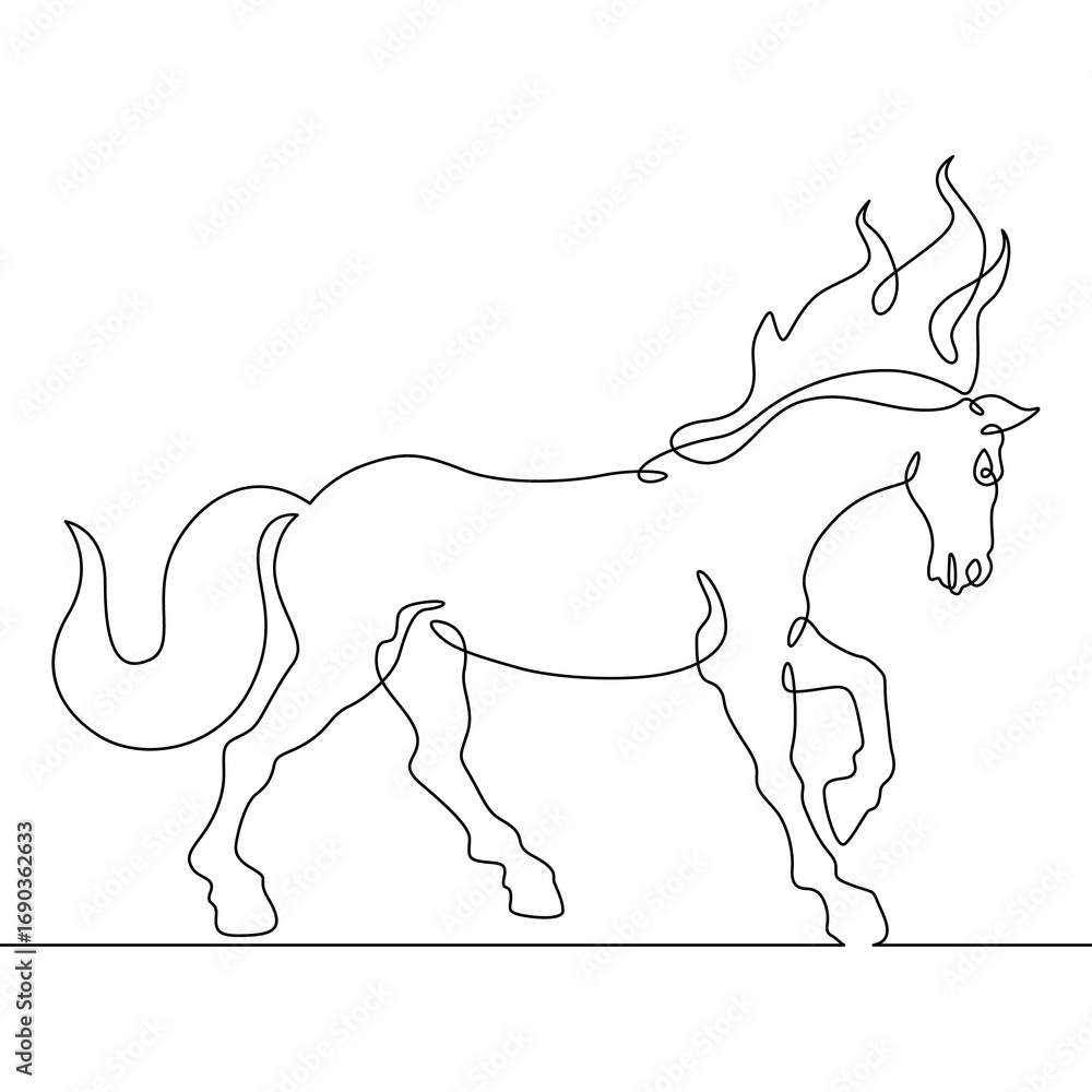 Poster continuous one line drawing beautiful horse. symbol of the year 2026 is a fiery horse. one continuou