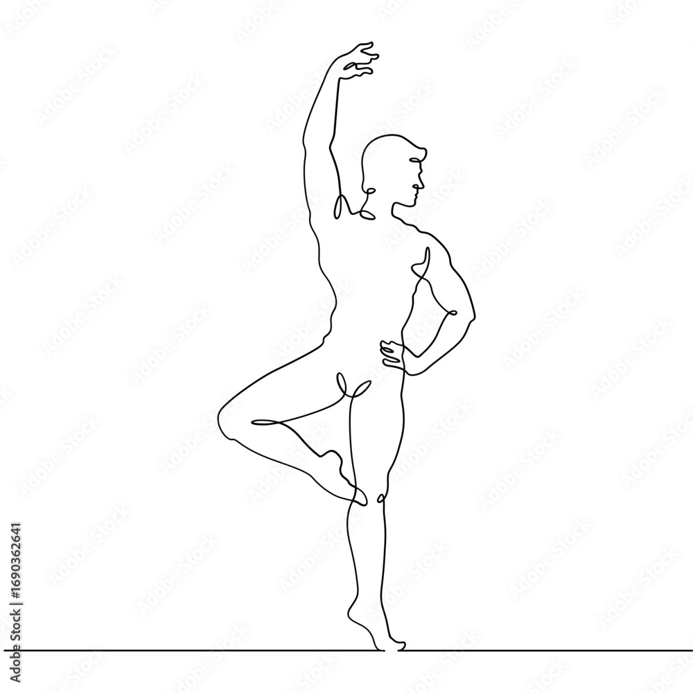 Poster continuous one line drawing male dancer. ballet dancer. one continuous line isolated minimal illustr
