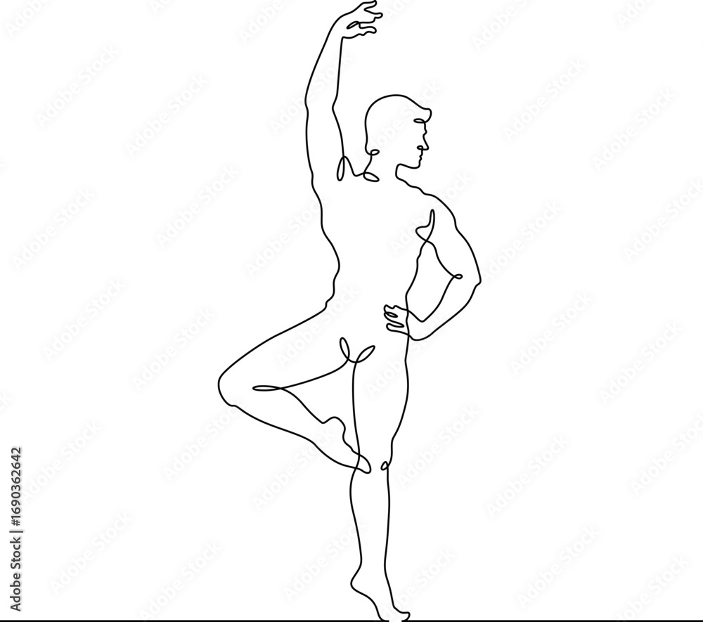 Poster continuous one line drawing male dancer. ballet dancer. one continuous line isolated minimal illustr