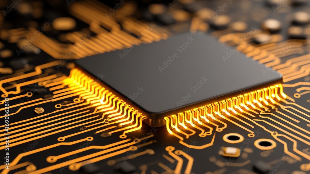 Poster a detailed, digitally rendered image showcases a central microchip integrated into a complex network