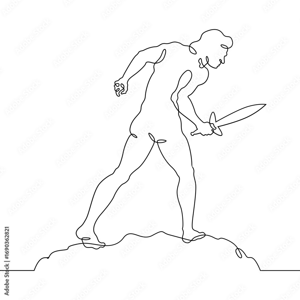 Poster continuous one line drawing muscular man with a sword in his hand. silhouette of a warrior. one cont