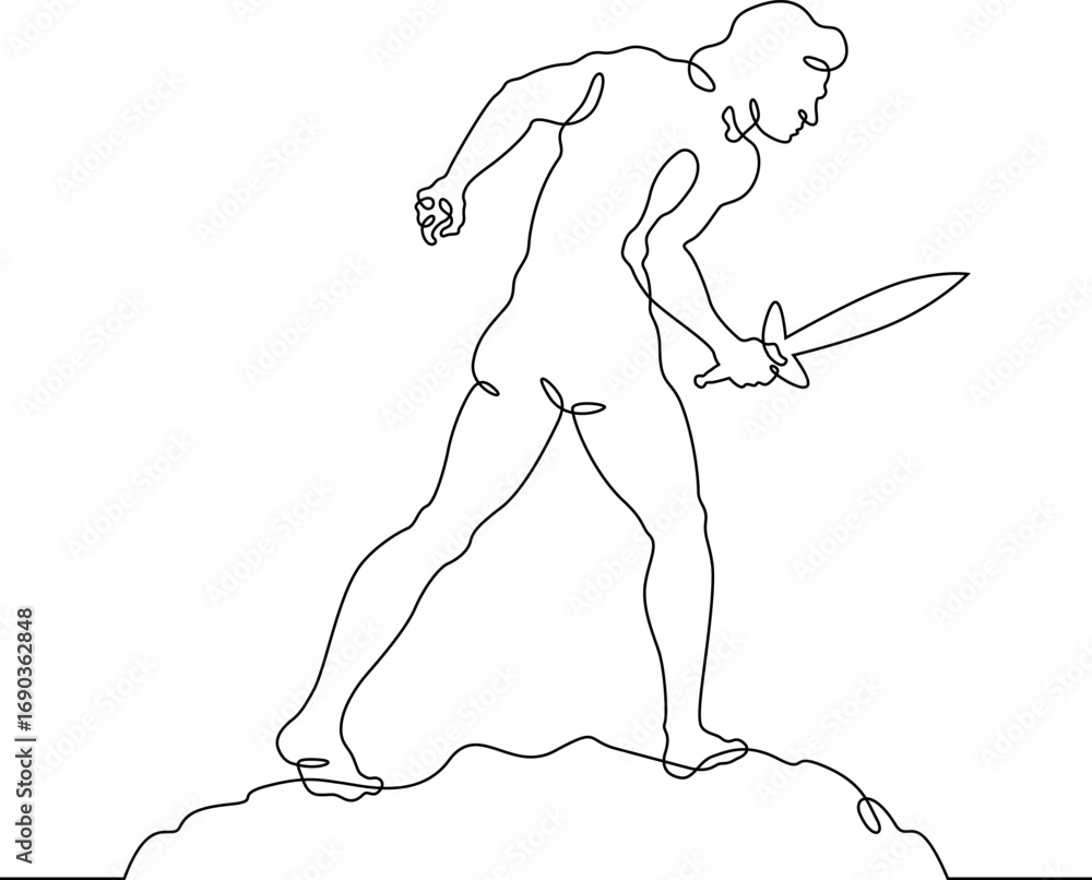 Poster continuous one line drawing muscular man with a sword in his hand. silhouette of a warrior. one cont
