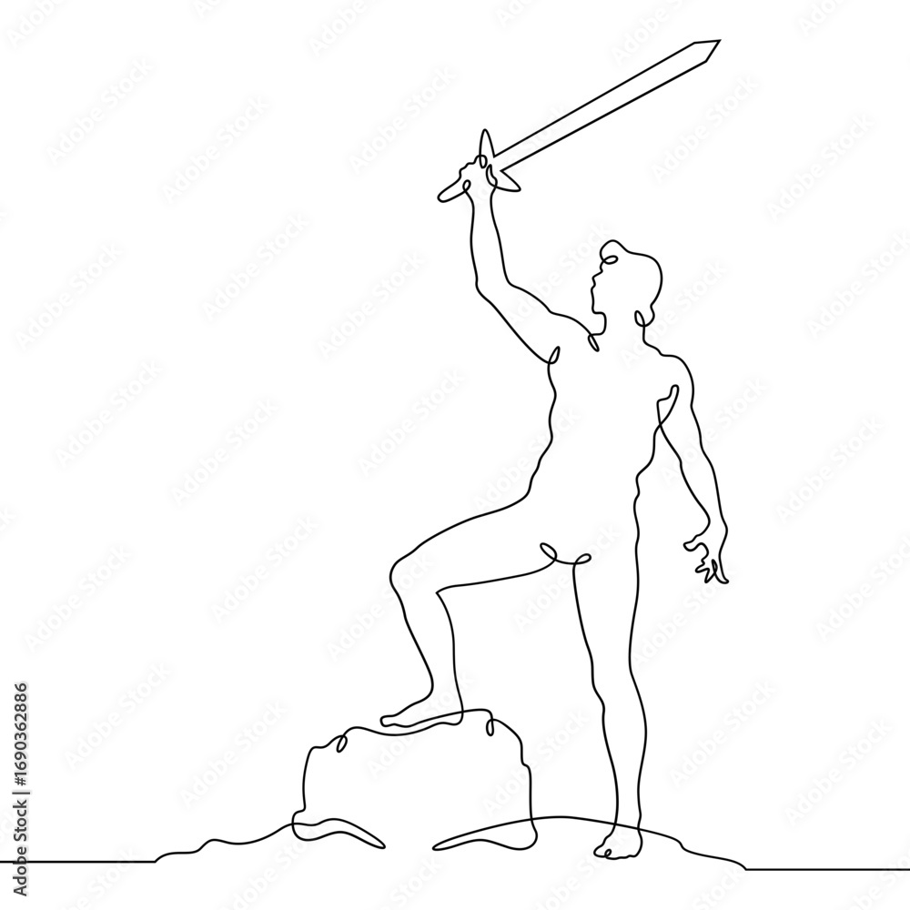 Poster continuous one line drawing muscular man with a sword in his hand. silhouette of a warrior. one cont