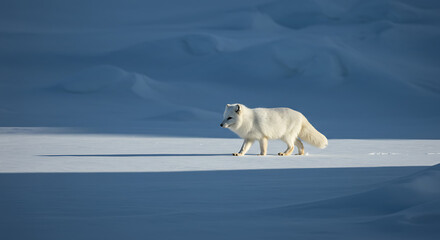 Naklejka premium Arctic Wolf Walking Across Bright Snow Field In Quiet Beauty