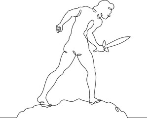 Continuous one line drawing Muscular man with a sword in his hand. Silhouette of a warrior. One continuous line isolated minimal illustration.Not AI.