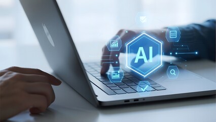 Person using a laptop with AI technology interface displayed above the keyboard