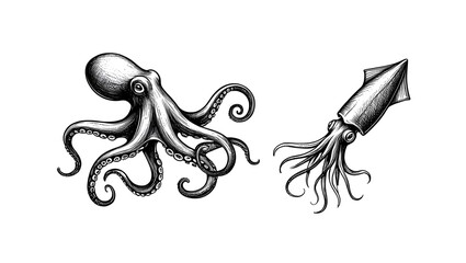 Marine Collection Line Art./Octopus & Squid