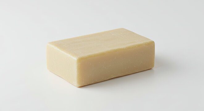 A rectangular bar of solid soap on a white surface softly lit