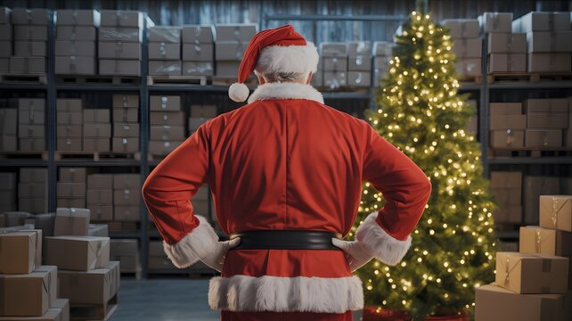 Santa claus standing with hands on hips in a warehouse filled with boxes and a decorated christmas tree