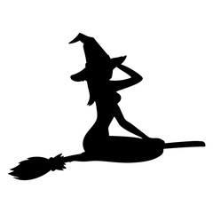 Silueta de bruja desnuda sexy con sombrero y sentada en una escoba para su uso en felicitaciones y tarjetas de Halloween © teracreonte