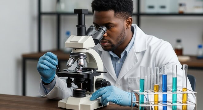 Concentrated african american scientist focusing on microscopic research analysis in laboratory