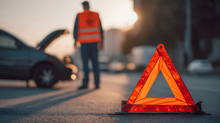 Emergency warning triangle and driver standing near broken car at sunset