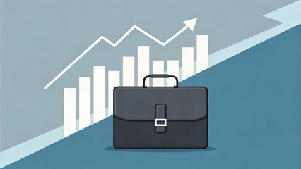 Briefcase to Breakthrough – Dark Business Case with Rising White Bar Chart and Arrow on Dual-Tone Blue Background, Financial Success, Corporate Growth, Strategic Planning, Professional Symbolism