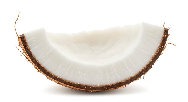 A wedge of coconut shows the white flesh and brown husk isolated against a plain background