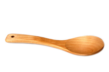 Brown wooden spoon isolated on white background. Durable kitchen utensil made from natural material, heat-resistant, eco-friendly, perfect for healthy cooking and rustic home lifestyle.      