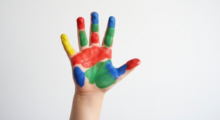 A hand is covered in colorful paints against a white backdrop each finger a different bright hue