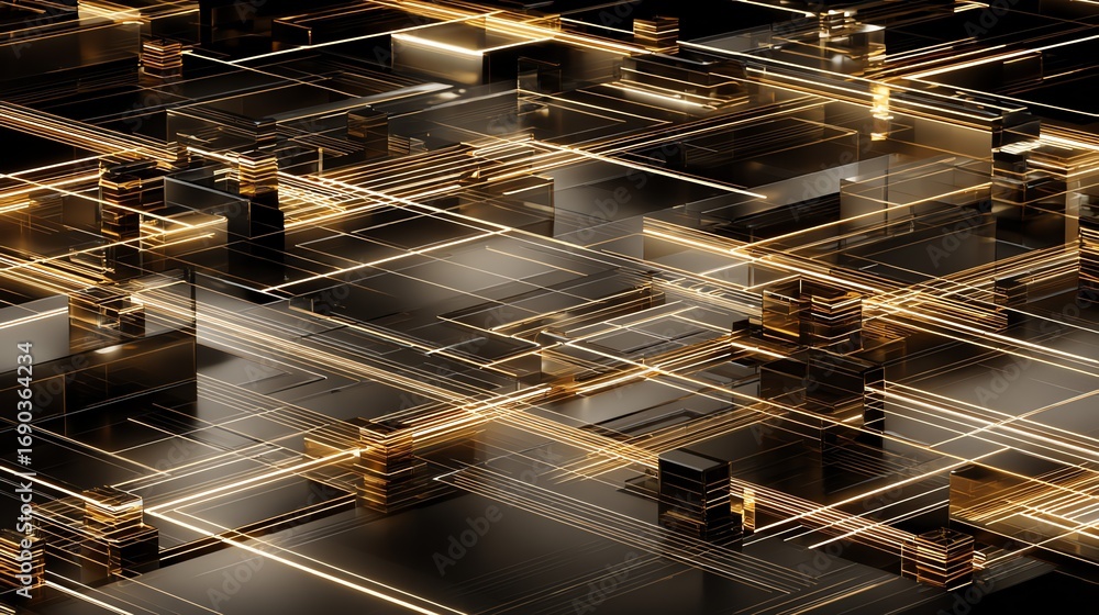 Poster an intricate network of glowing golden lines and dark geometric forms creates a futuristic, abstract