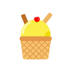 Bright yellow ice cream scoop topped with a cherry in a waffle cone, set against a white background