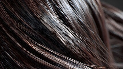 Shiny healthy dark brown human hair close up macro texture background showing natural smooth strands and glossy highlights for beauty, salon, haircare, and cosmetic design.