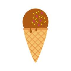 Colorful chocolate ice cream with sprinkles in a waffle cone against a plain white background
