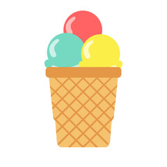 Colorful ice cream cones with three scoops in a waffle cone against a simple background