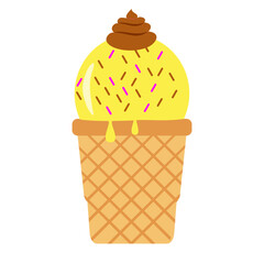 Colorful ice cream cone topped with chocolate swirl and sprinkles on a bright background
