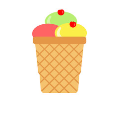 Colorful ice cream cone with three scoops in a waffle cone, bright and inviting dessert scene