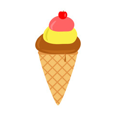 Colorful ice cream cone with three scoops and a cherry on top against a plain background