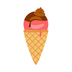 Colorful ice cream cone with chocolate and strawberry flavors melting in a bright background