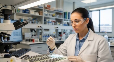 Dedicated female scientist analyzing sample in a laboratory with advanced microscope equipment