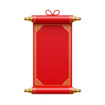 Ornate red scroll with gold trim isolated on transparent background