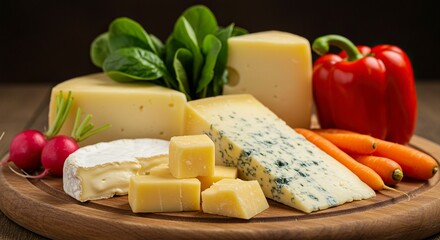 An assortment of cheeses veggies and radishes on a round wooden cutting board against a dark background