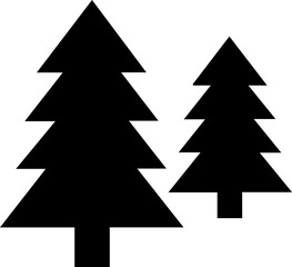 Fototapeta premium A simple black silhouette icon of two evergreen pine trees. A minimalist graphic illustration representing a forest, nature, and the outdoors on a white background