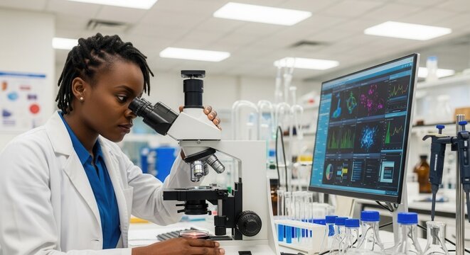 Dedicated female scientist carefully examining samples with microscope in modern laboratory