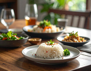 Rice meal with side dishes and drink