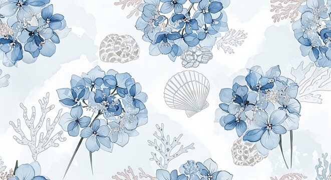 Watercolor blue hydrangea flowers and dried grass seamless pattern