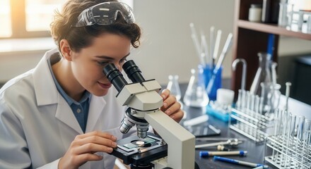 Dedicated female scientist examining sample under a microscope in a laboratory setting meticulous