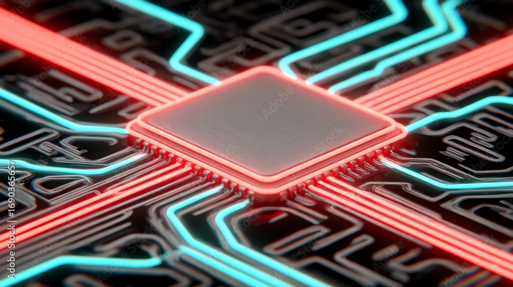 Poster a detailed, digitally rendered close-up showcases a central microchip integrated within a complex ne