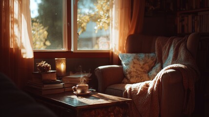 Fototapeta premium Cozy reading nook with armchair, wooden table, books, and warm sunlight