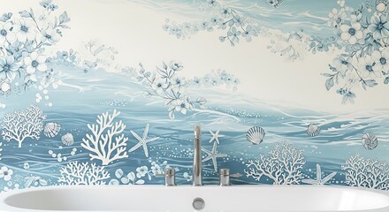 Ocean wave and coral pattern on white background