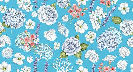 Blue floral and seashell pattern on bright blue background